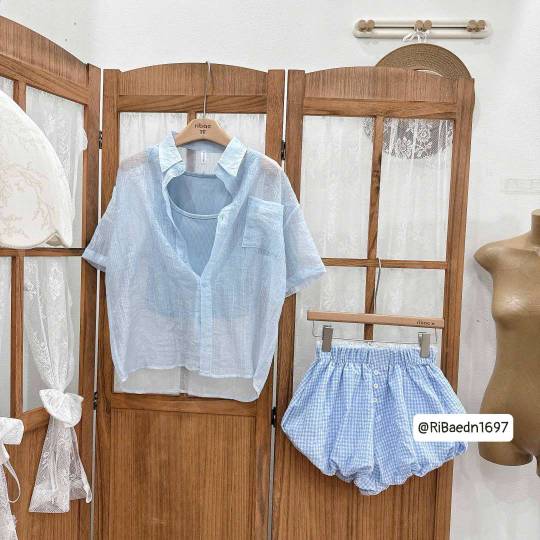 Set 3 món khoác ngoài áo 2 dây kèm quần bí caro