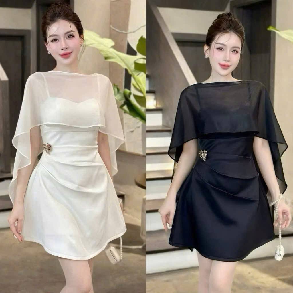 Đầm thiết kế 2 dây nhấn eo kèm áo choàng