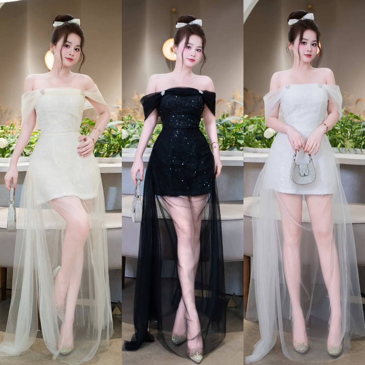 Đầm thiết kế kim sa trễ vai phối lưới dài