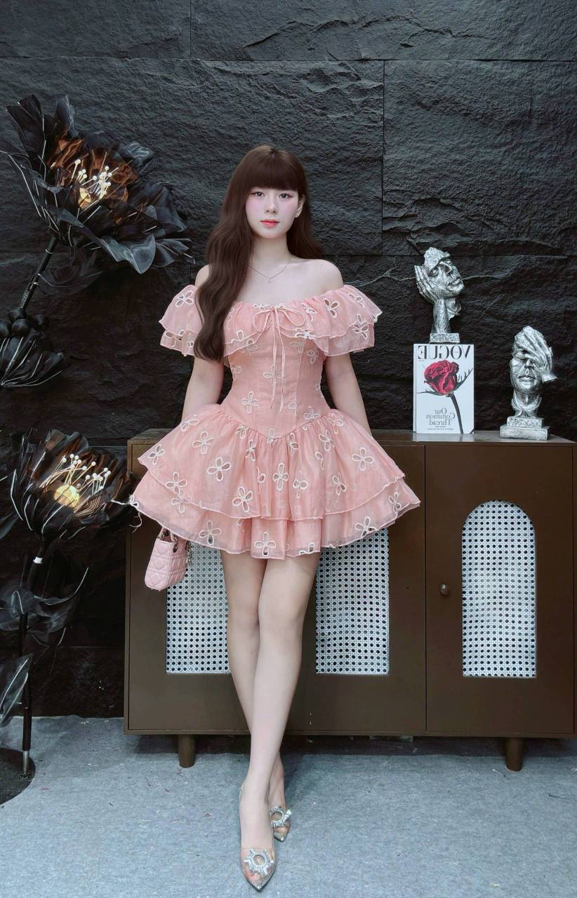 Đầm xòe thêu hoa cột nơ ngực
