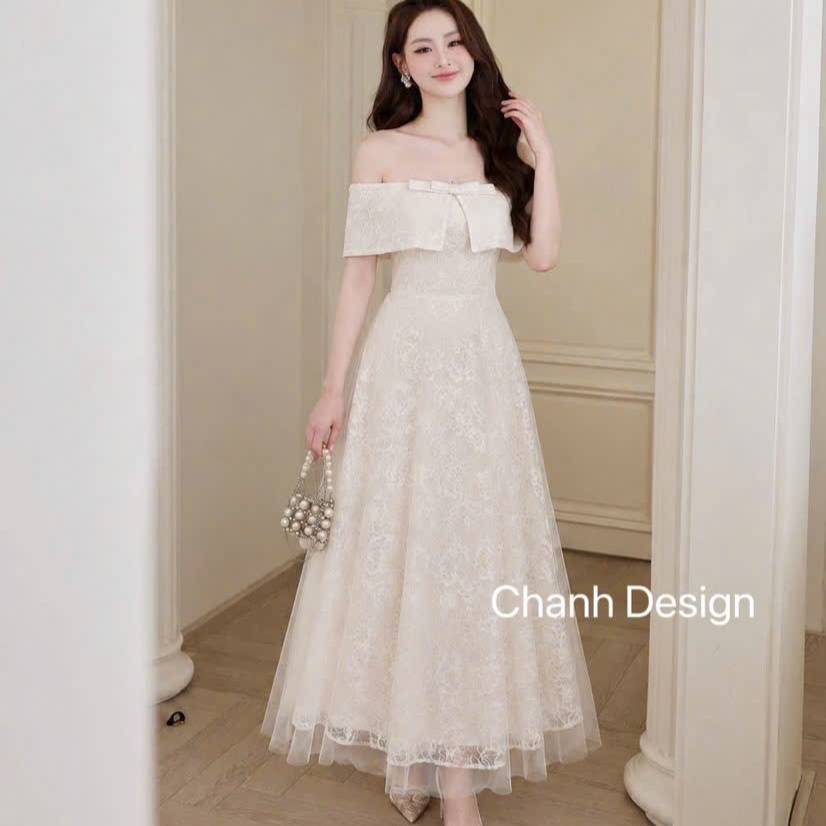 Đầm thiết kế trễ vai ren nơ ngực dáng dài