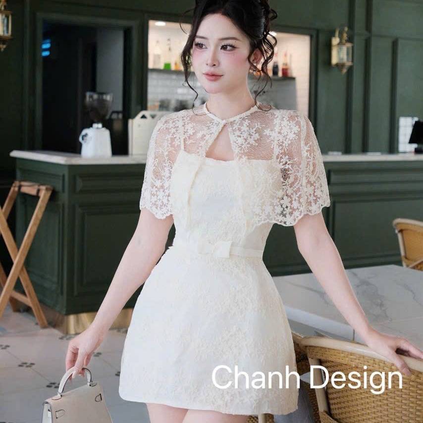 Đầm thiết kế 2 dây nơ eo kèm choàng ren