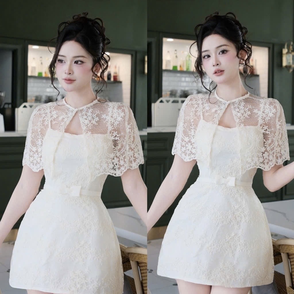Đầm thiết kế 2 dây nơ eo kèm choàng ren