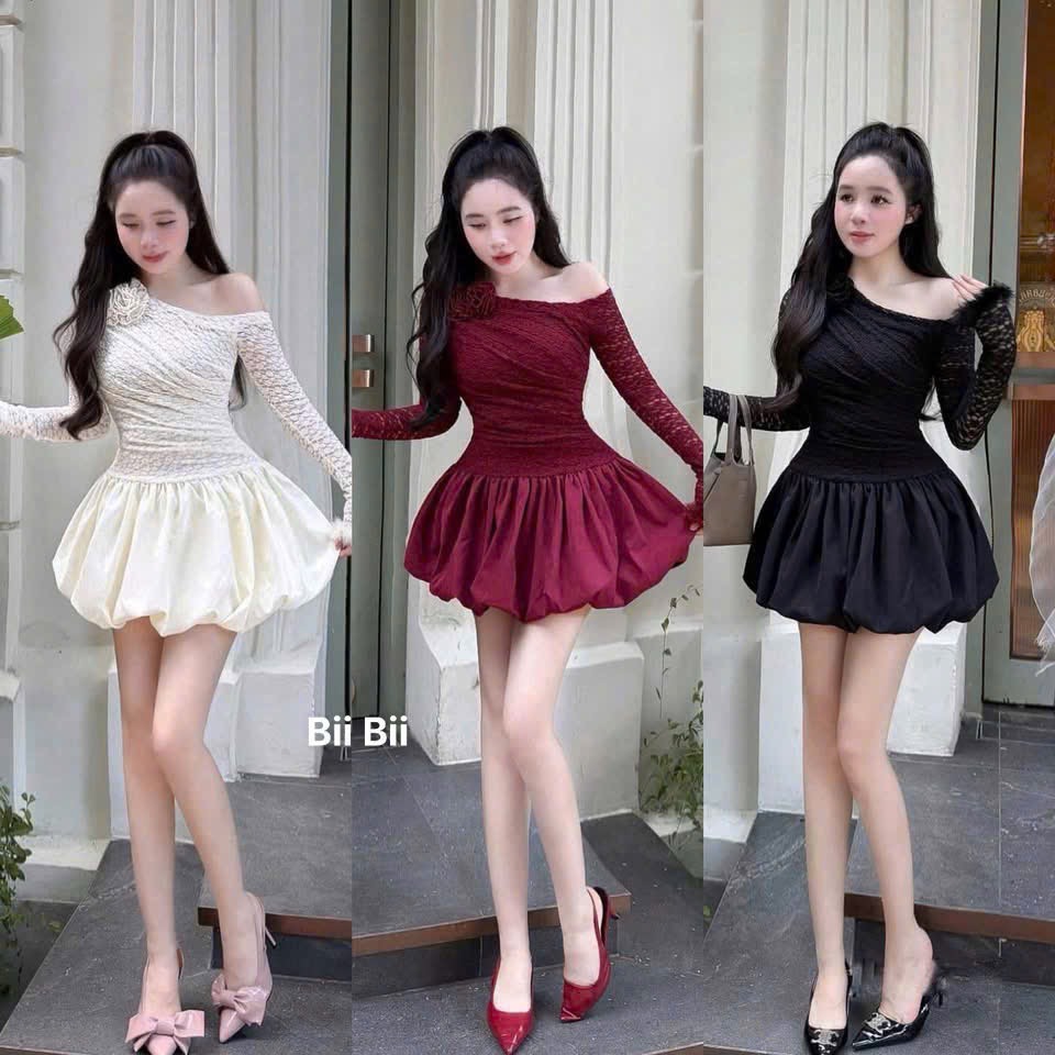 Váy trễ vai ren hoa chân bí