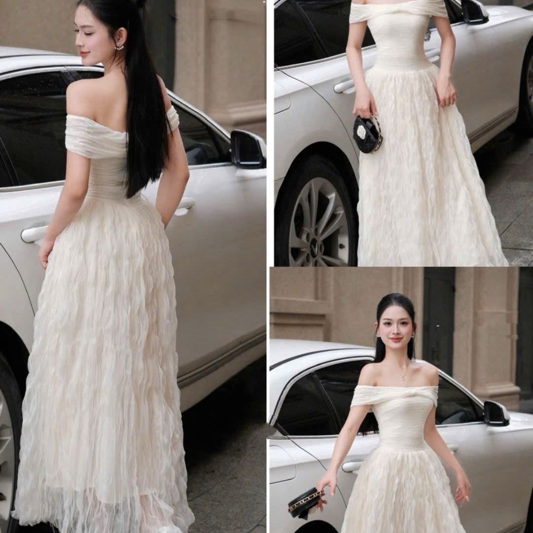 Đầm trễ vai nơ ôm ngực đi tiệc dáng dài cao cấp phối voan xoăn sang chảnh