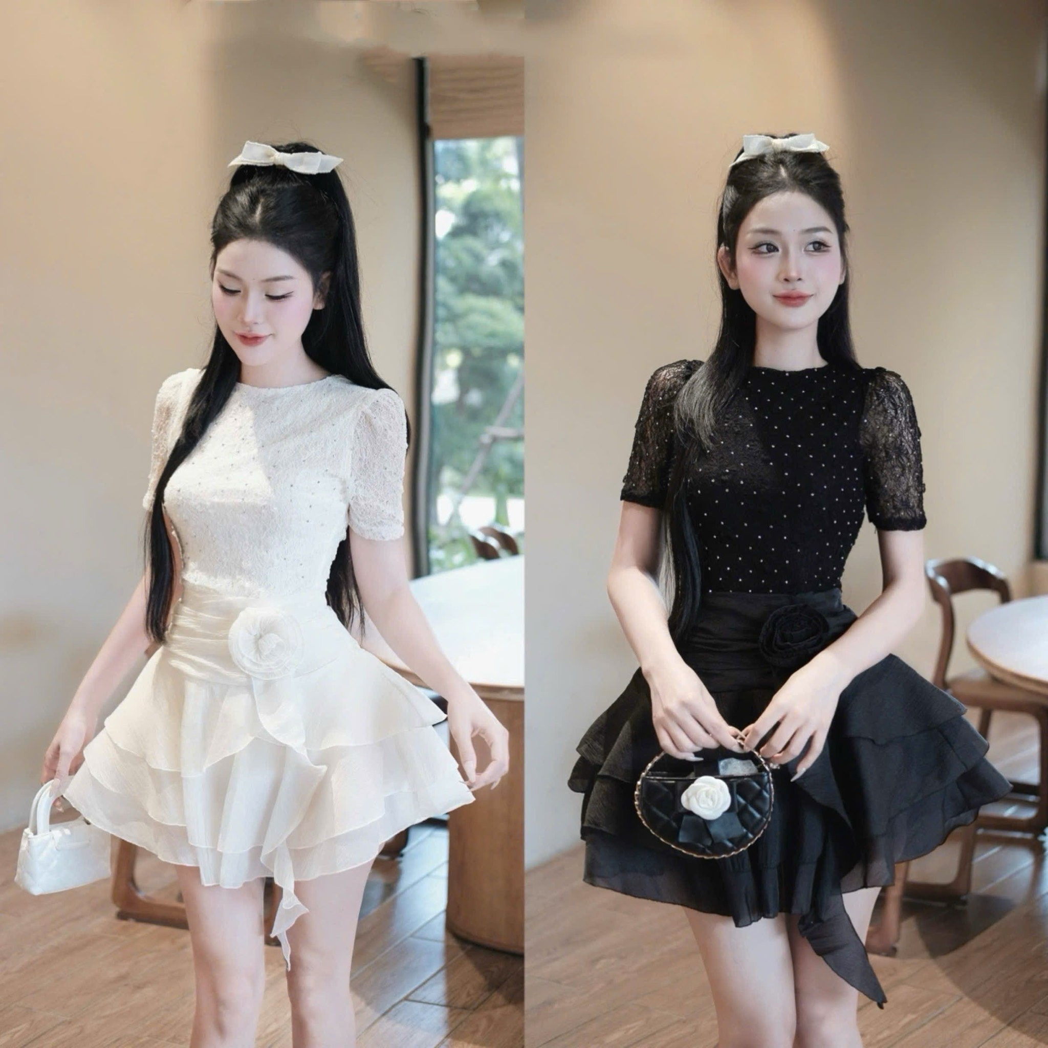 Đầm đính hột cổ tròn co dãn dáng ngắn xoè sang chảnh đi tiệc hack dáng