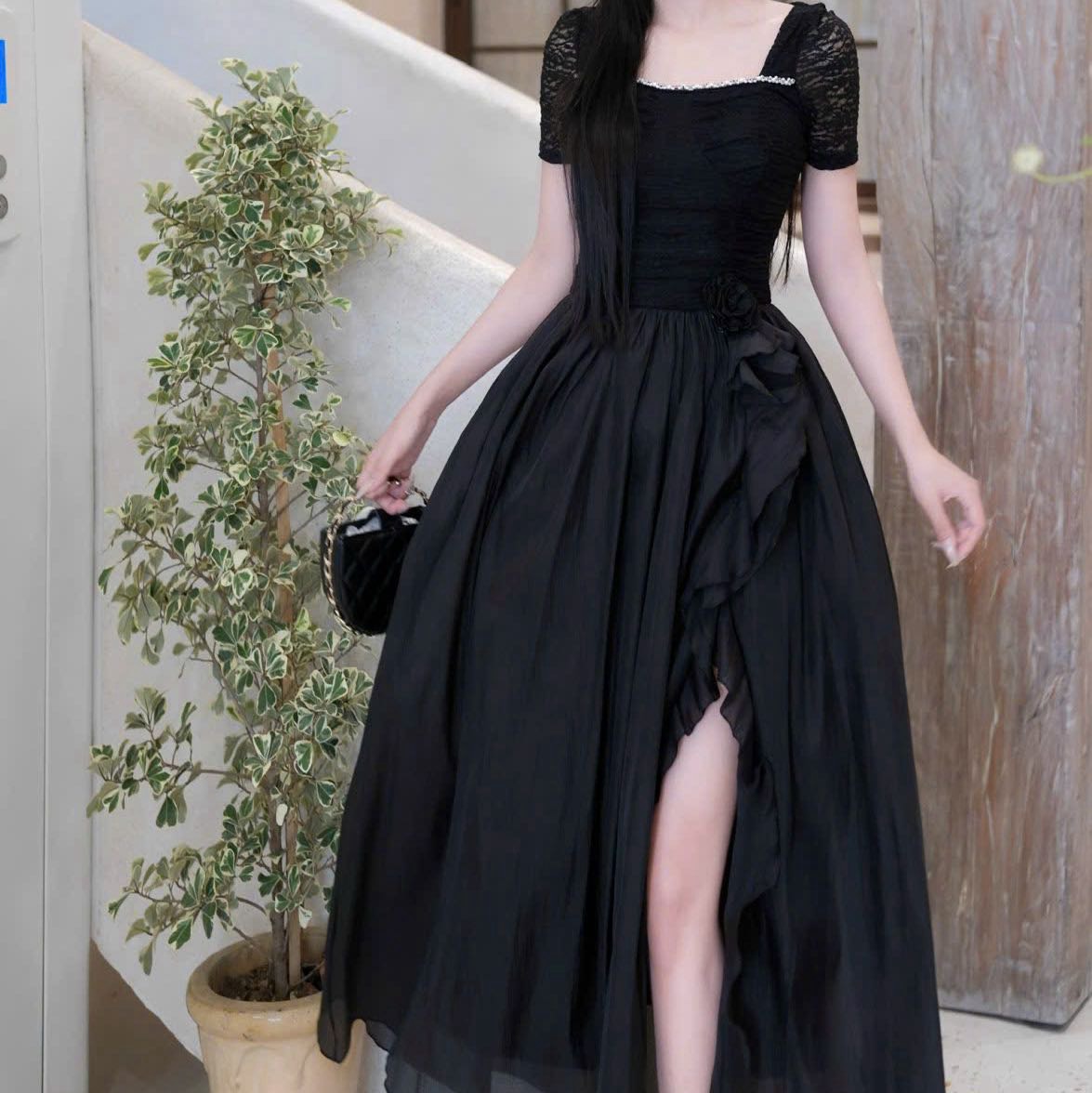 Đầm cổ vuông dáng dài viền ngọc tay ngắn phối ren 
đầm dài phồng thiết kế sang chảnh đi tiệc