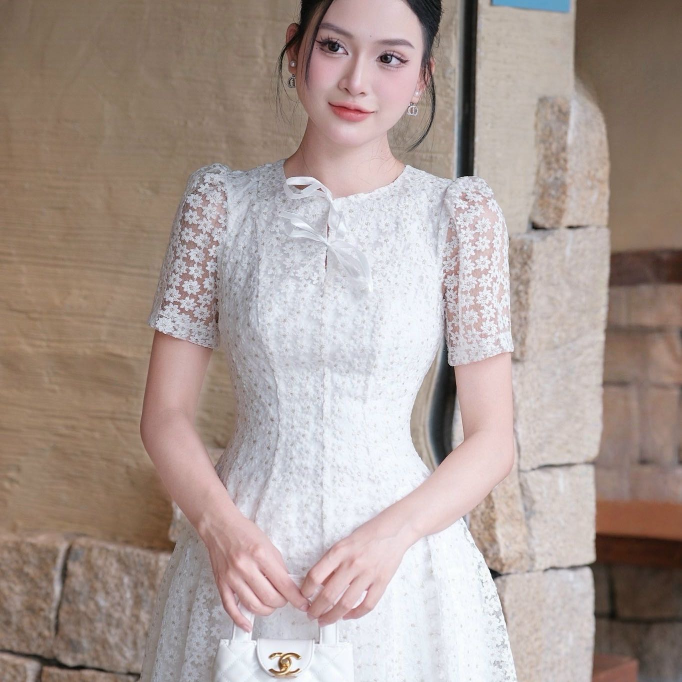 Đầm voan hoa cổ tròn tay ngắn công chúa sang trọng dáng xòe cao cấp đi tiệc