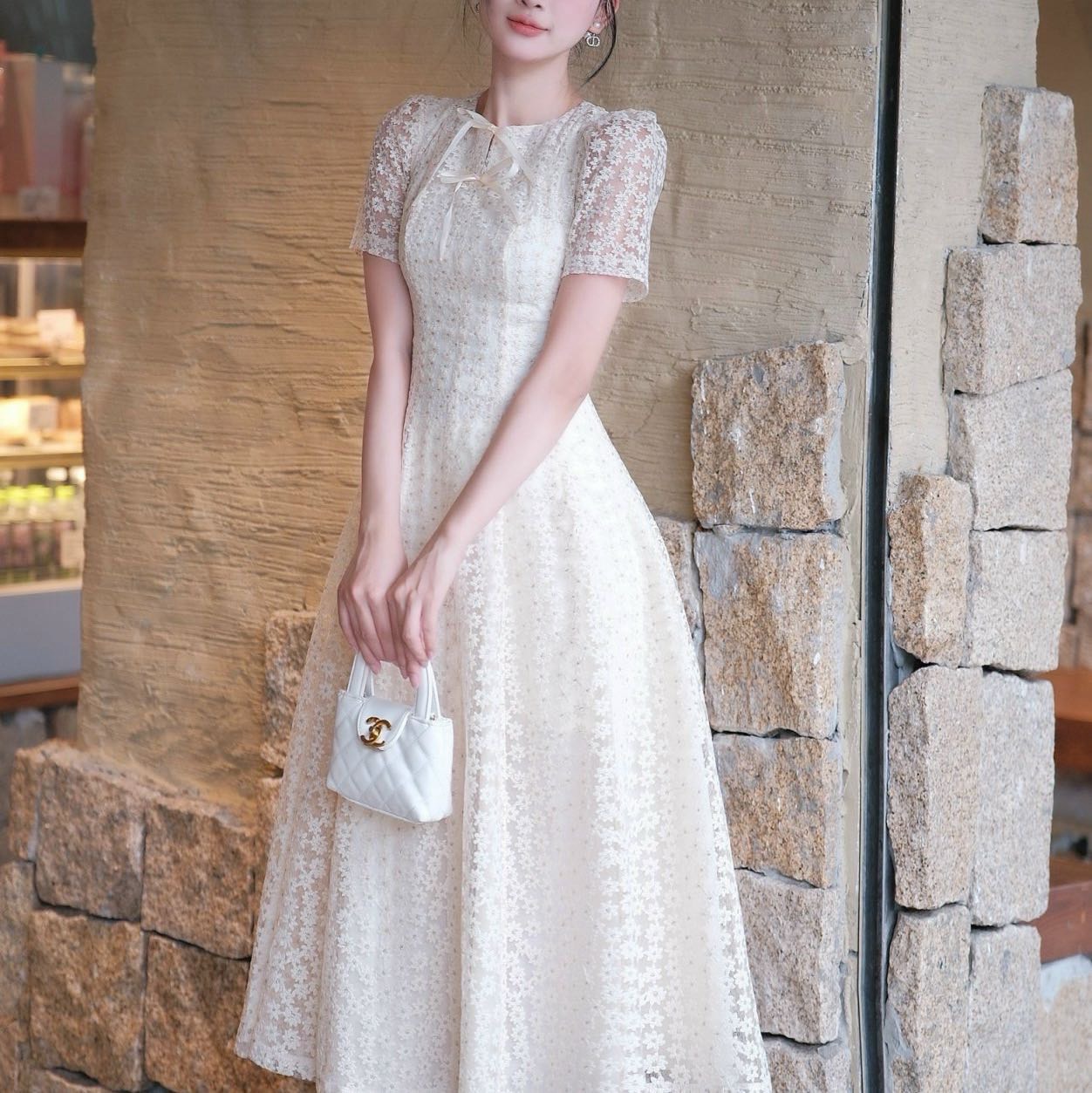 Đầm voan hoa cổ tròn tay ngắn công chúa sang trọng dáng xòe cao cấp đi tiệc