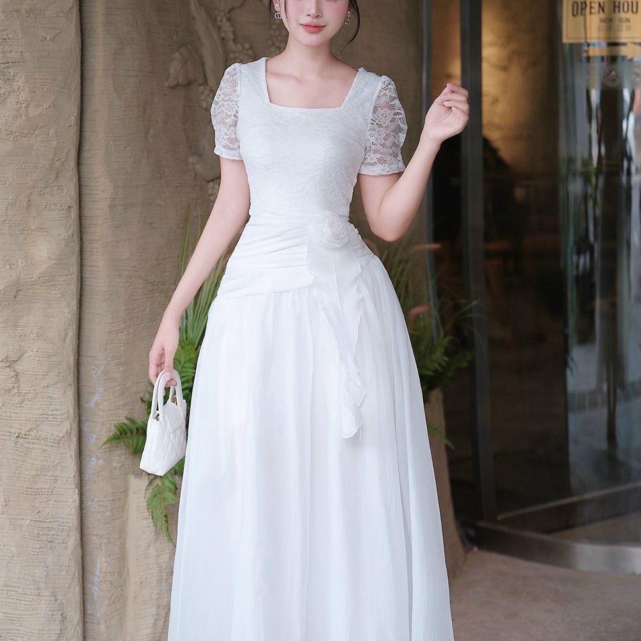 Đầm tay ngắn bồng phối ren dáng dài phối hoa cao cấp đi tiệc sang chảnh