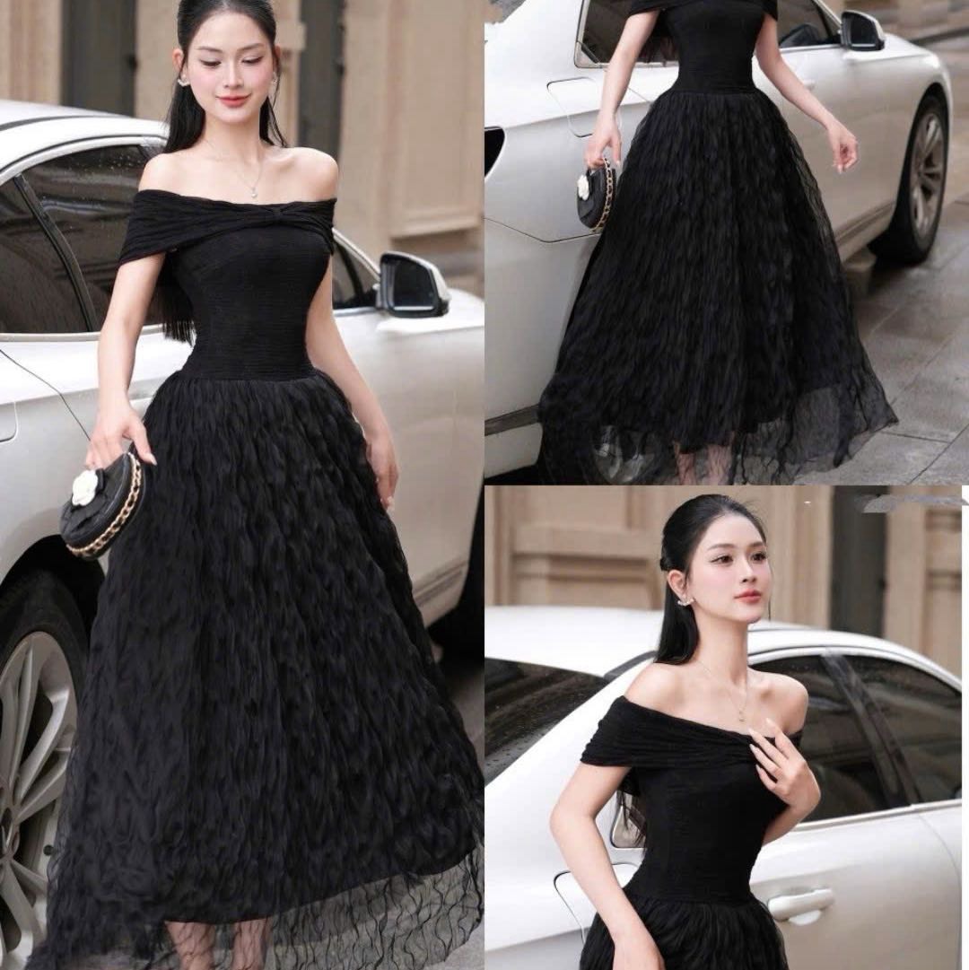 Đầm trễ vai nơ ôm ngực đi tiệc dáng dài cao cấp phối voan xoăn sang chảnh