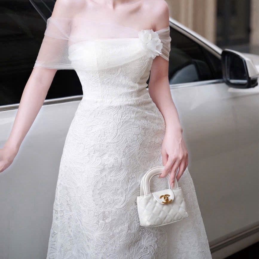 Đầm trễ vai voan phối gấm cao cấp sang chảnh dáng chữ A dài đi tiệc