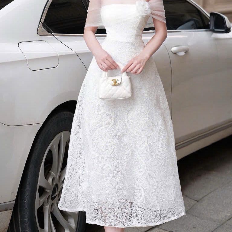 Đầm trễ vai voan phối gấm cao cấp sang chảnh dáng chữ A dài đi tiệc