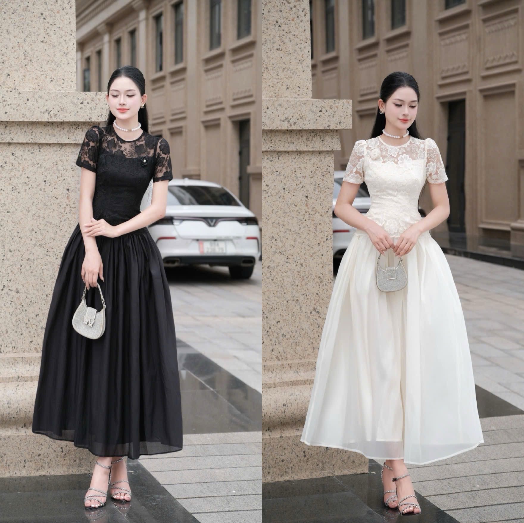 Đầm ren cổ tròn trong suốt dáng dài sang trọng đi tiệc cao cấp tay ngắn phối ren