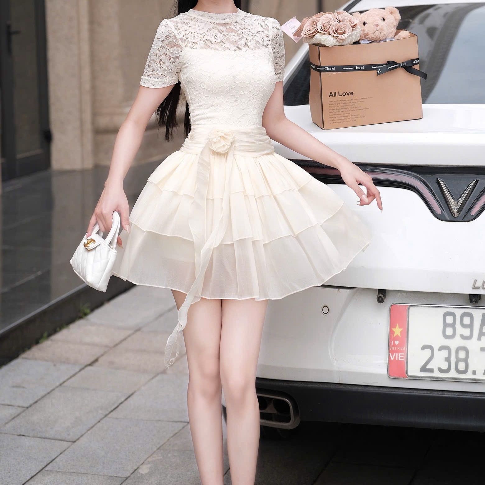 Đầm ngắn đơn giản cổ tròn sát cổ tay ngắn 2 tầng phối ren voan đi tiệc sang trọng