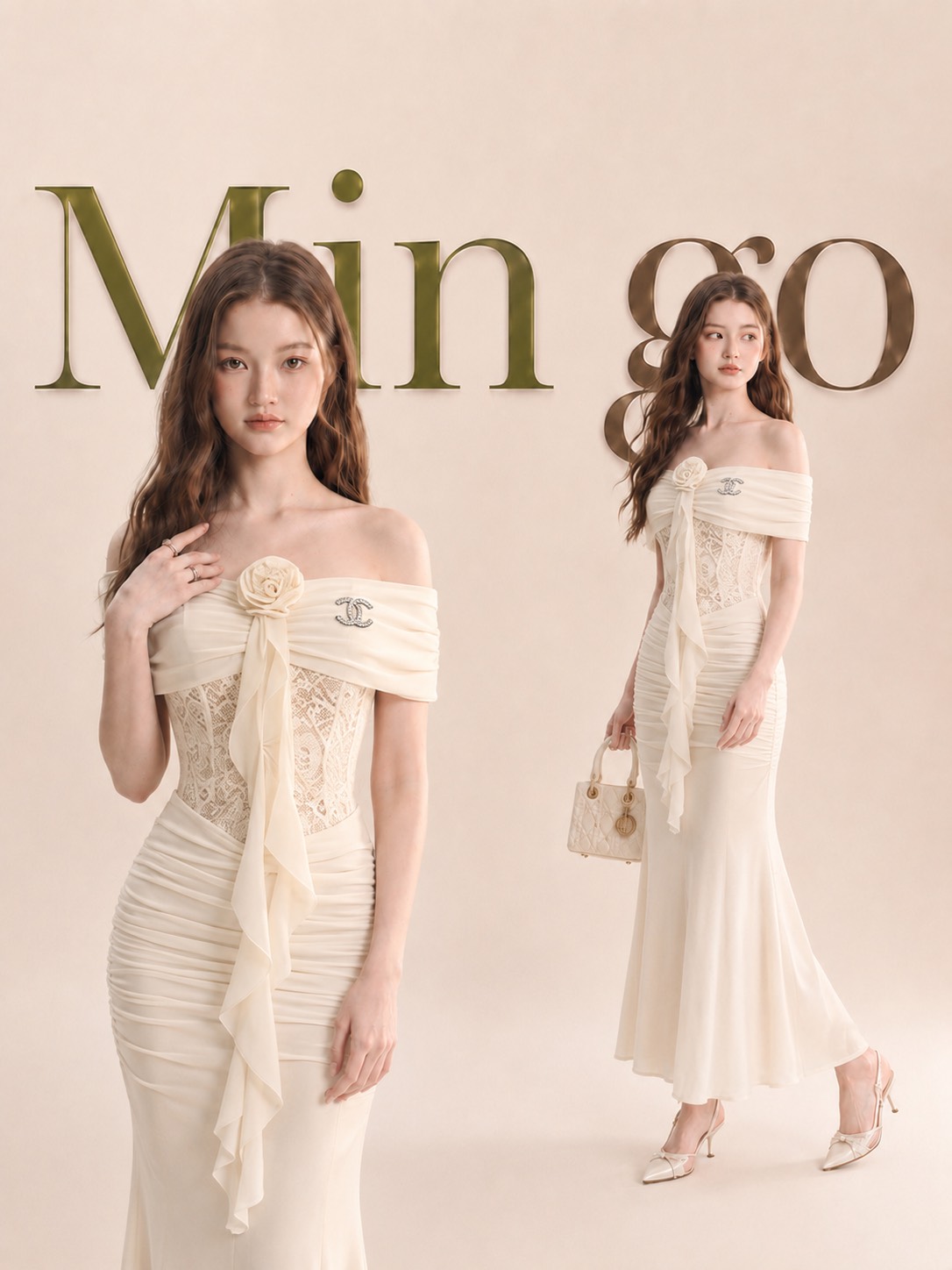 Đầm thiết kế trễ vai hoa ngực dáng xoè