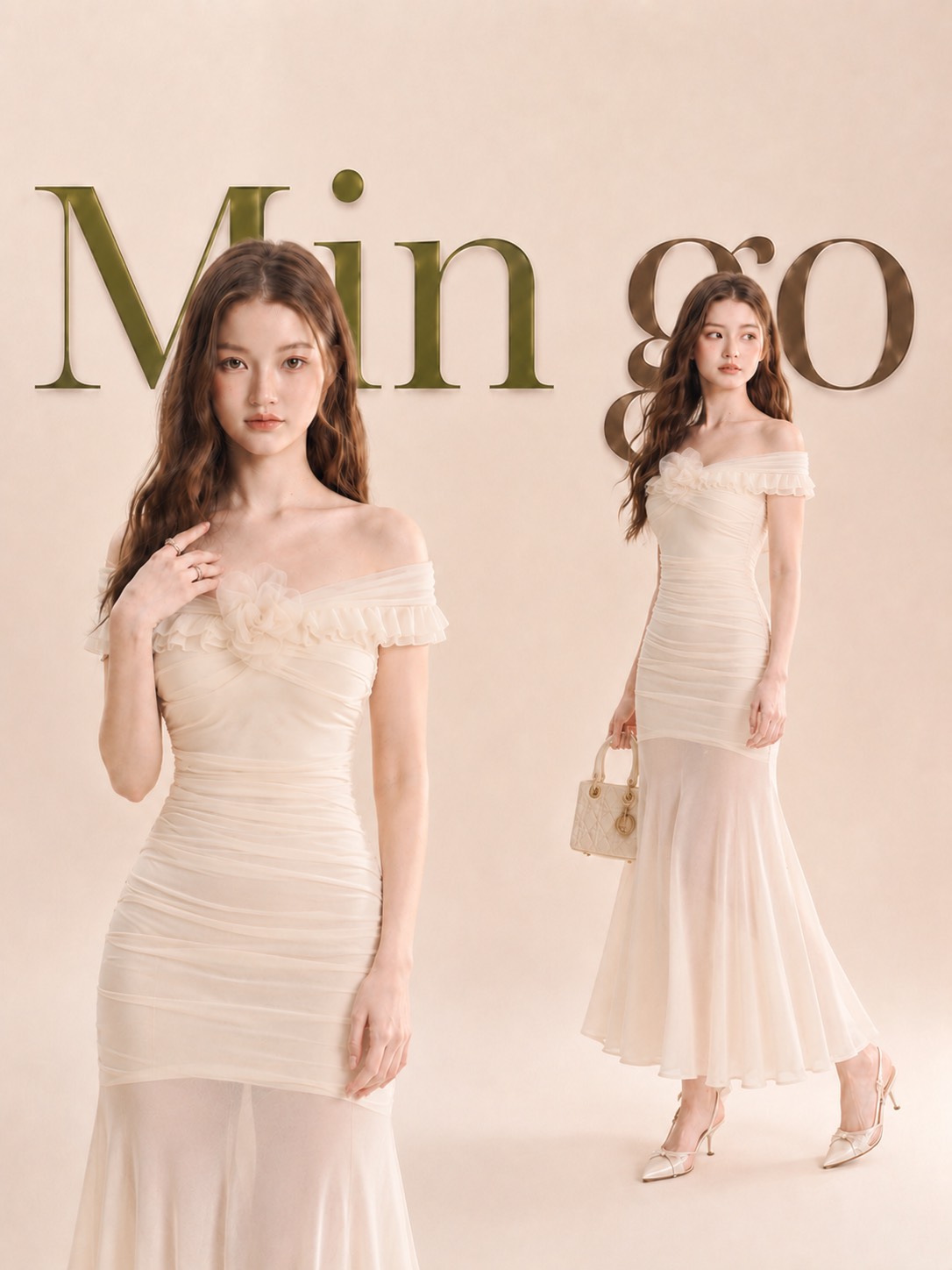 Đầm thiết kế trễ vai hoa ngực dáng xoè
