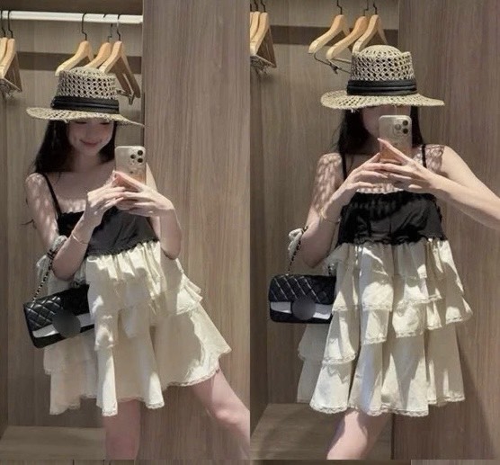 Đầm 2 dây bèo phối ren tầng