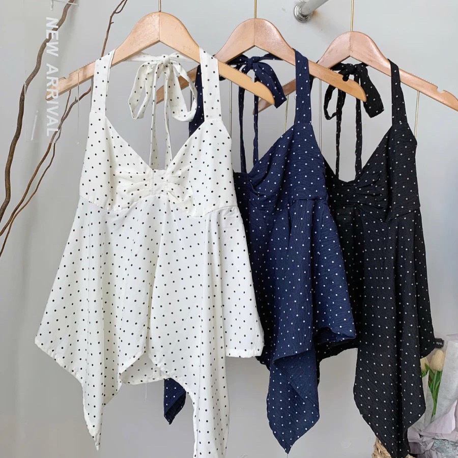 Áo kiểu chấm bi yếm cột dây 773