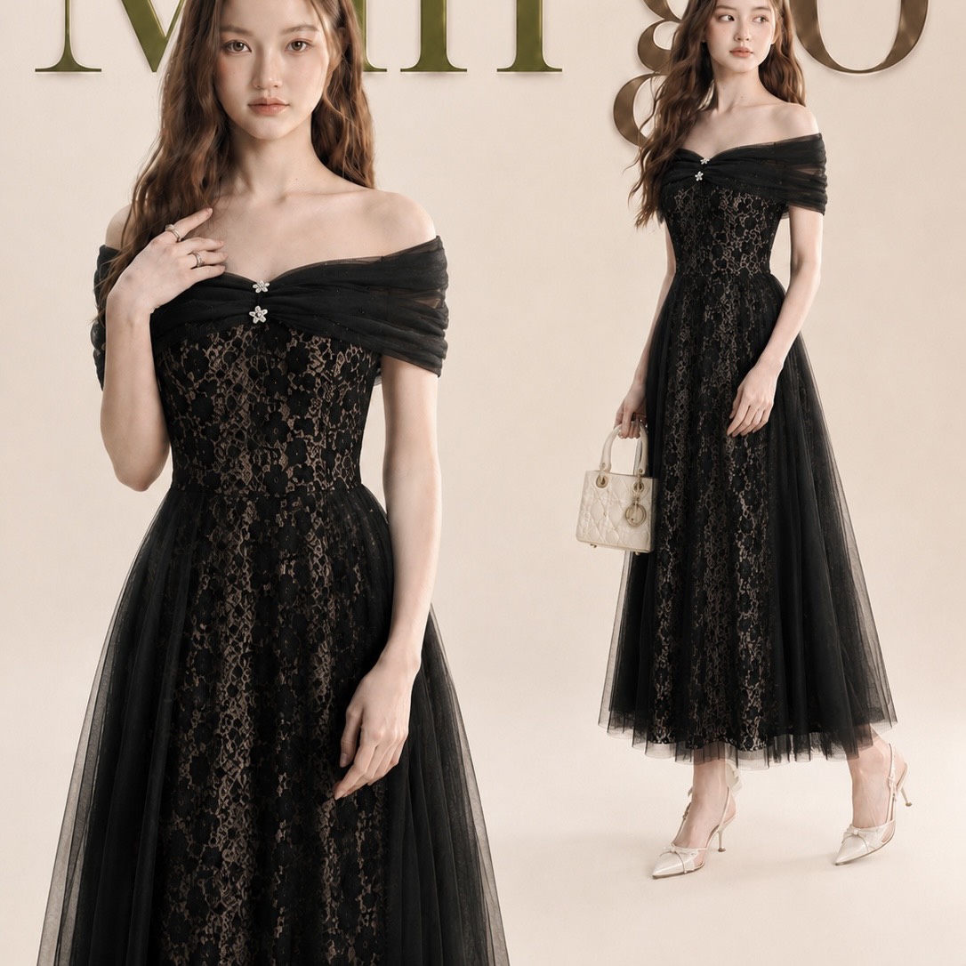 Đầm thiết kế trễ vai đính đá trước ngực  ren tùng xoè