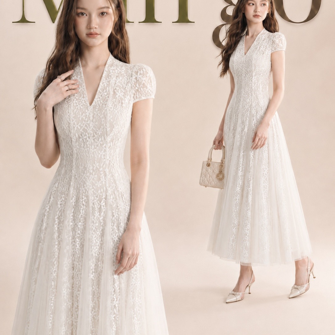 Đầm thiết kế cổ V tay phồng dáng dài