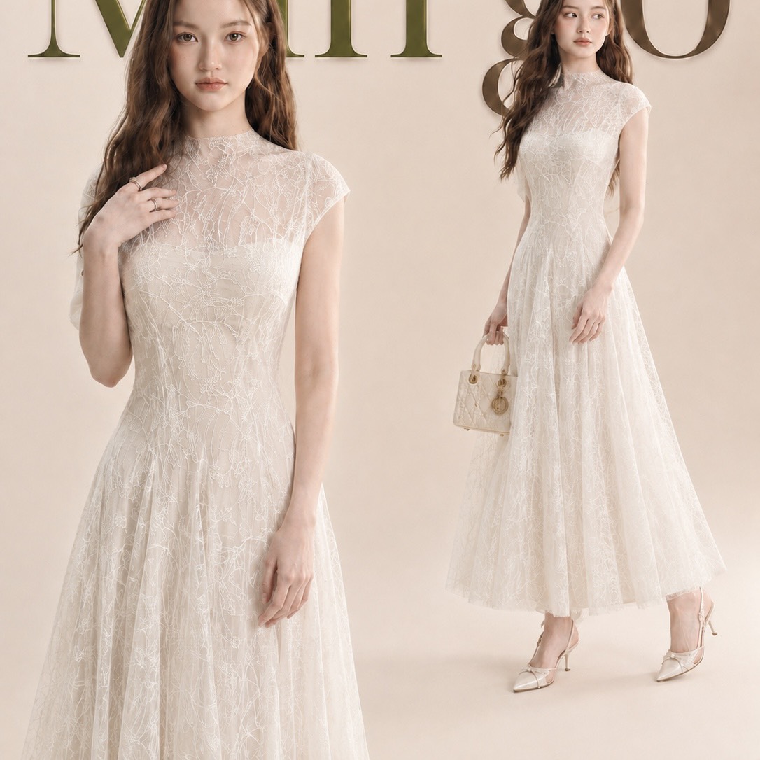 Đầm thiết kế ren cao cổ dáng dài xoè