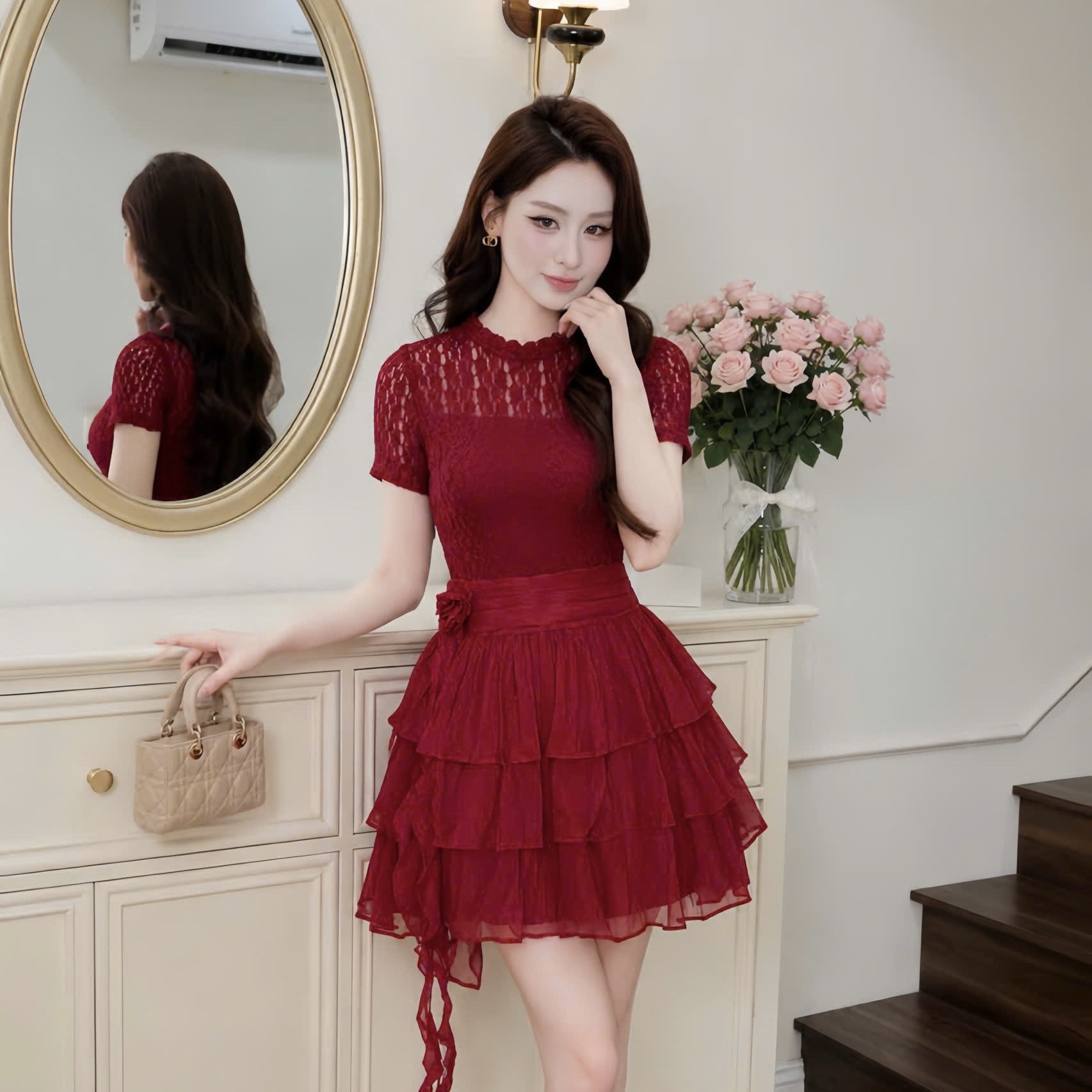 Đầm thiết kế ren cổ tròn cao cấp phối tơ tay ngắn dáng ngắn