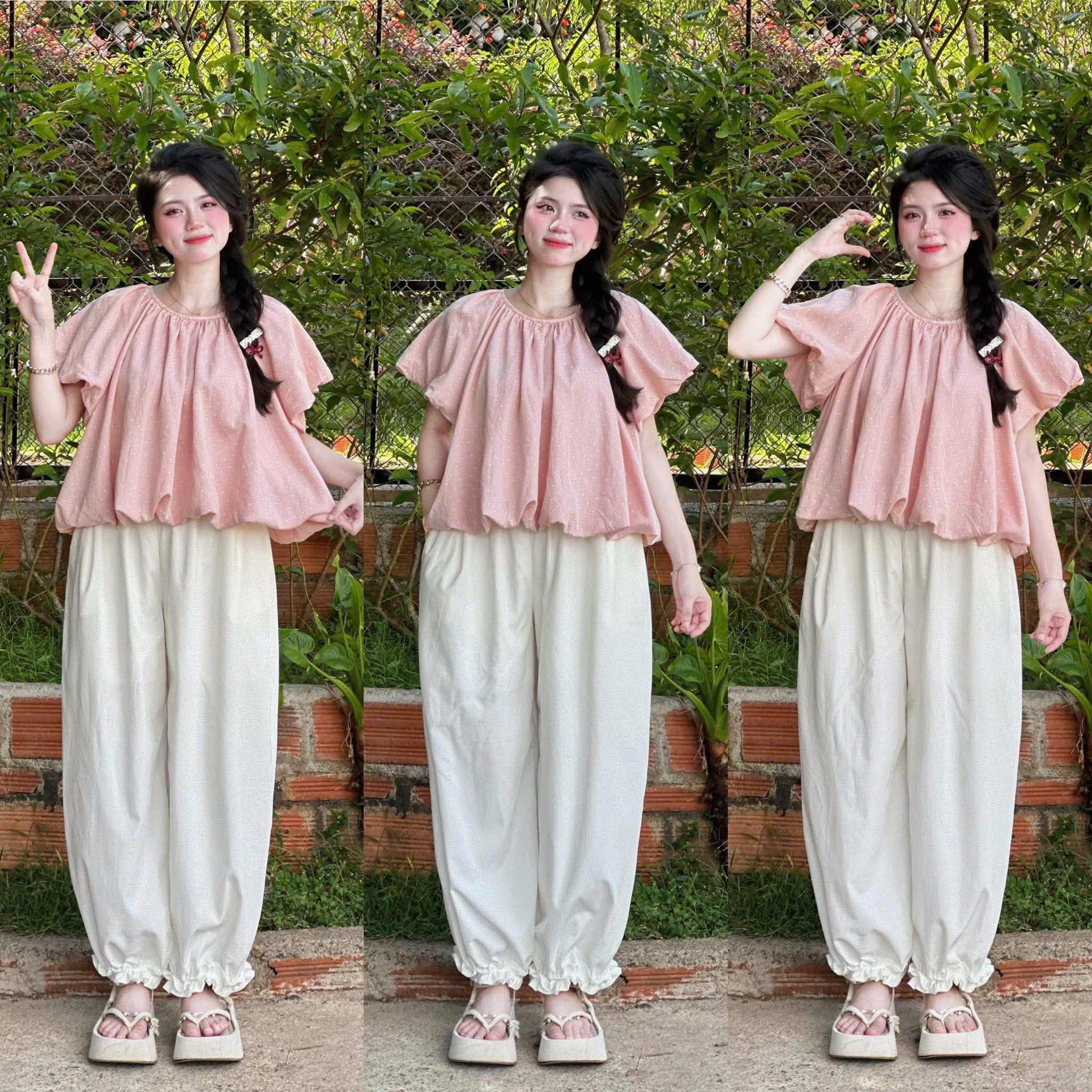 Set áo babydoll chấm bi kèm quần ống rộng bo chân