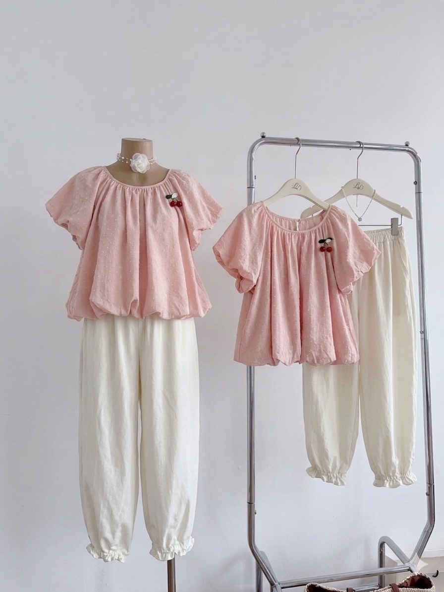 Set áo babydoll chấm bi kèm quần ống rộng bo chân