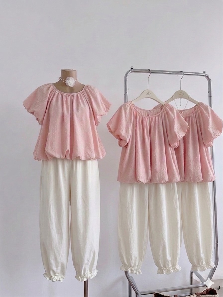 Set áo babydoll chấm bi kèm quần ống rộng bo chân
