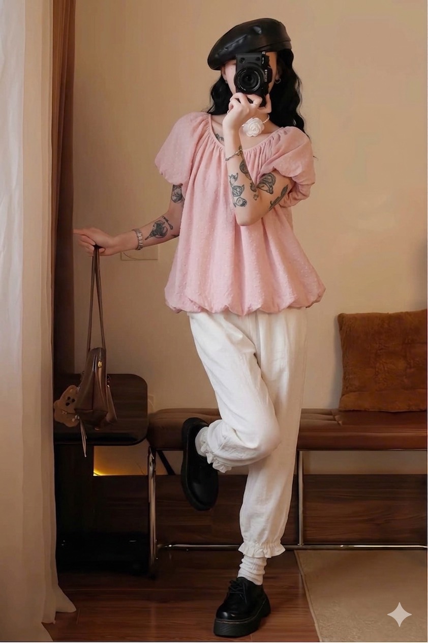 Set áo babydoll chấm bi kèm quần ống rộng bo chân