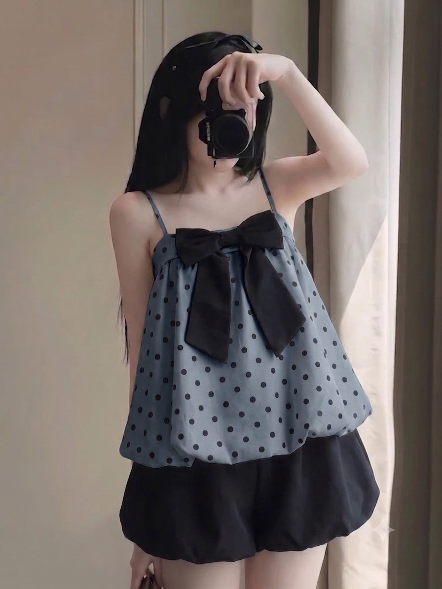 Set áo 2 dây babydoll nơ ngực kèm quần bí LS 6170