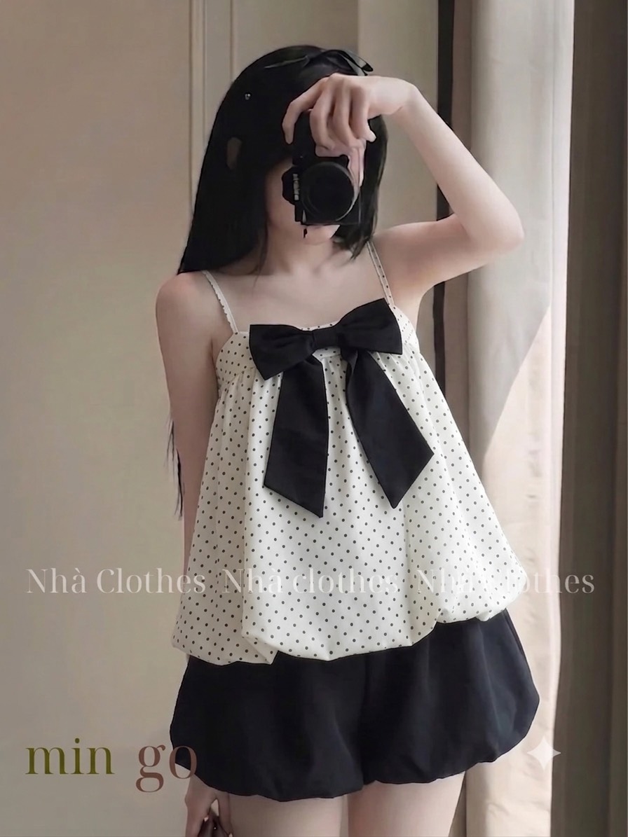 Set áo 2 dây babydoll nơ ngực kèm quần bí LS 6170