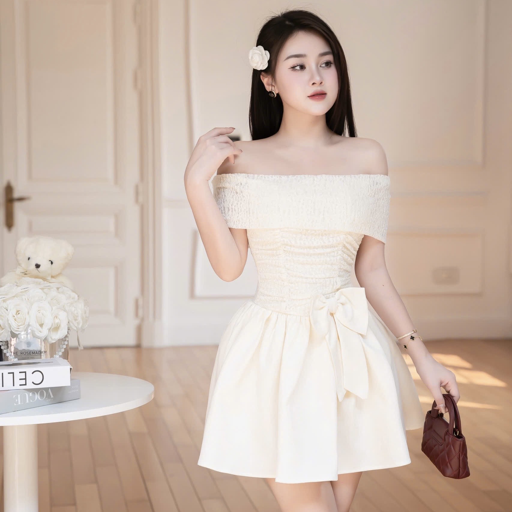 Đầm trễ vai ôm ngực dáng ngắn xòe thiết kế cao cấp đi tiệc