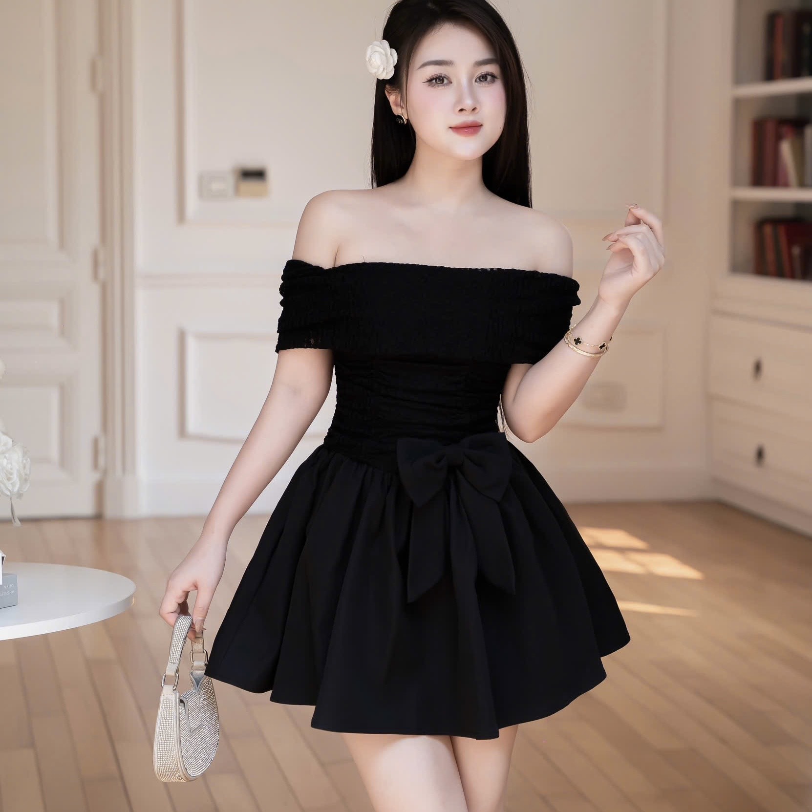 Đầm trễ vai ôm ngực dáng ngắn xòe thiết kế cao cấp đi tiệc