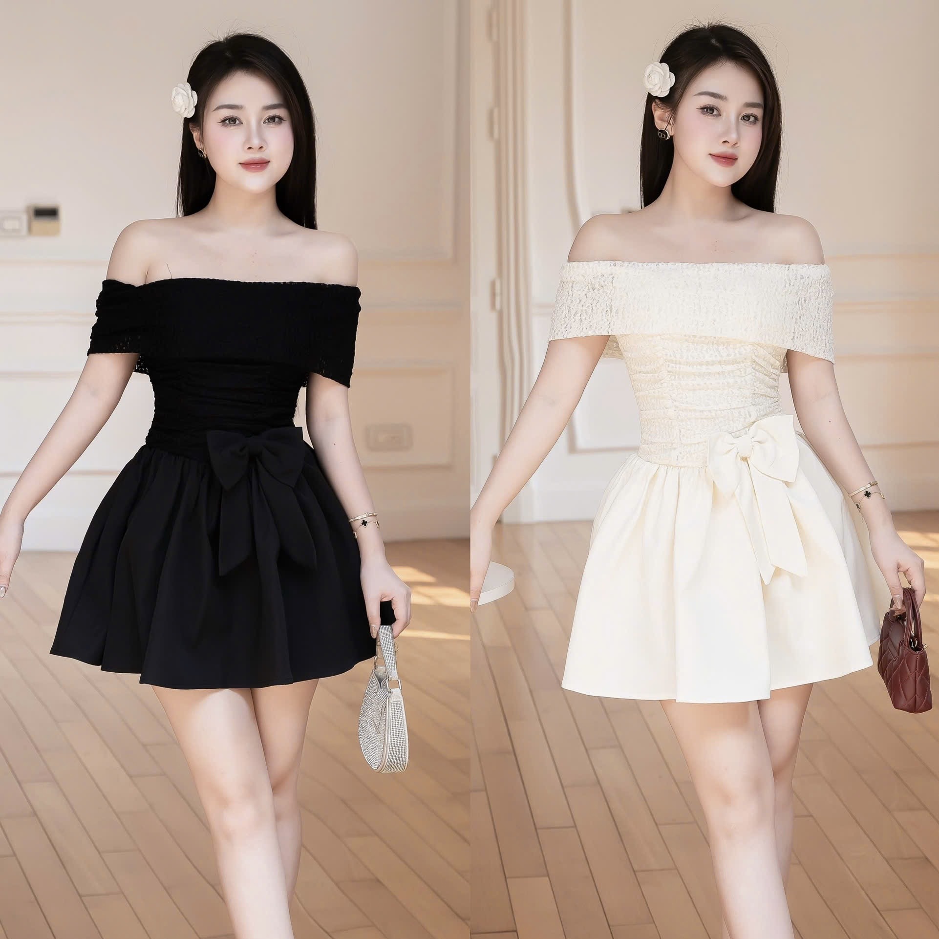 Đầm trễ vai ôm ngực dáng ngắn xòe thiết kế cao cấp đi tiệc