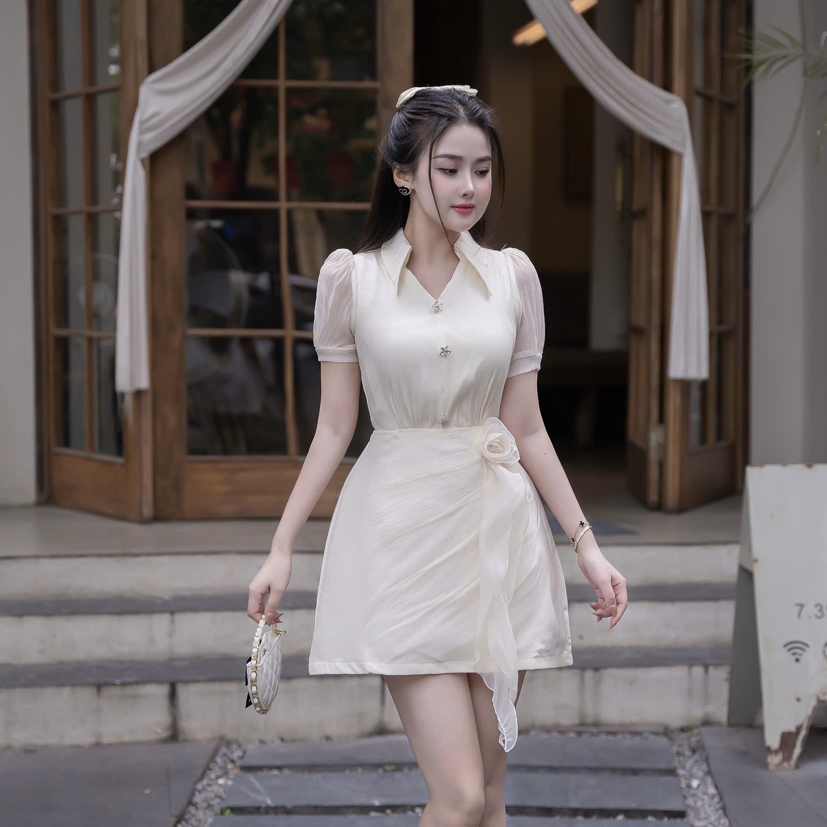 Đầm voan cổ sơ mi kín đáo thanh lịch phối váy A đi tiệc cao cấp 3 màu xanh/đen/kem