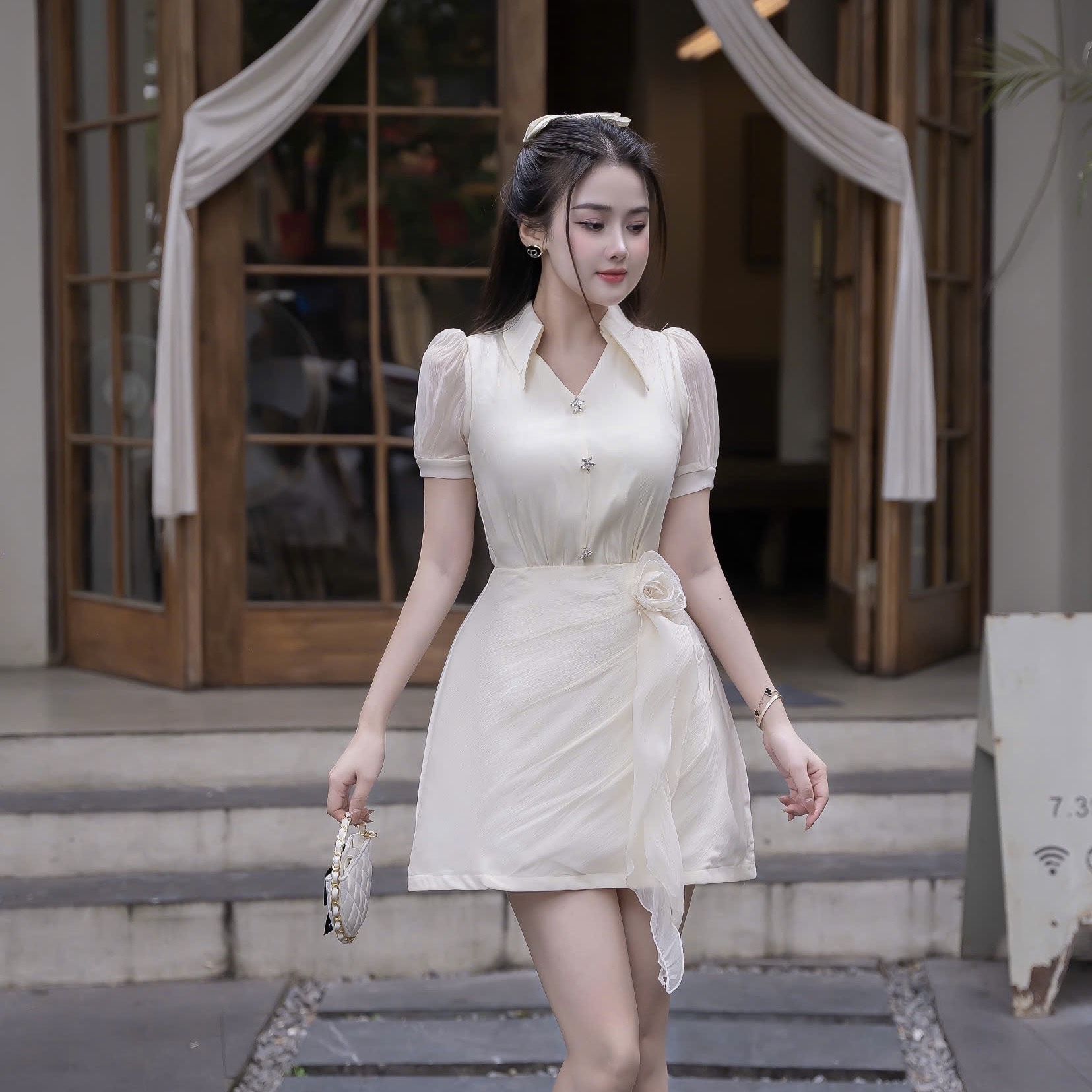 Đầm voan cổ sơ mi kín đáo thanh lịch phối váy A đi tiệc cao cấp 3 màu xanh/đen/kem