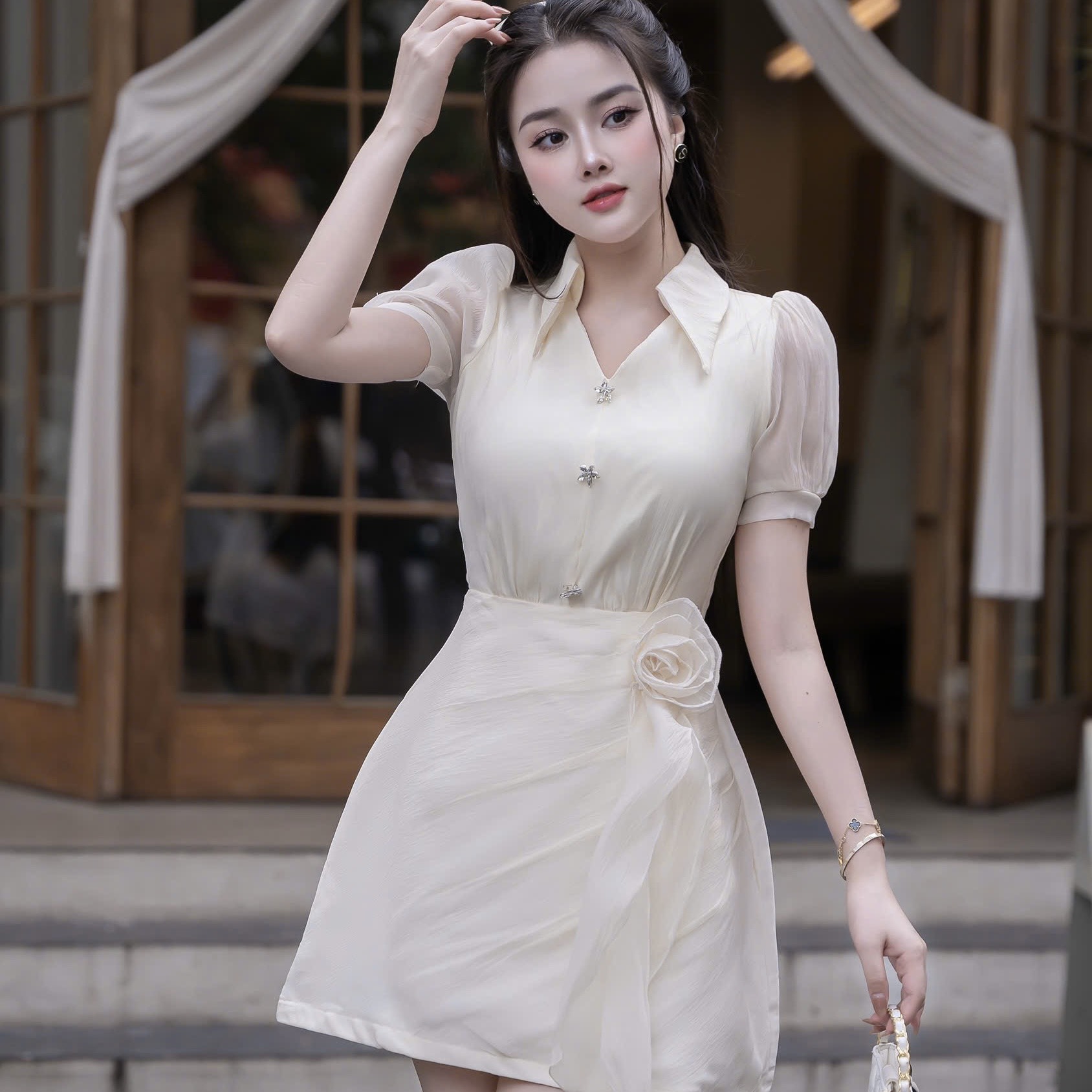 Đầm voan cổ sơ mi kín đáo thanh lịch phối váy A đi tiệc cao cấp 3 màu xanh/đen/kem