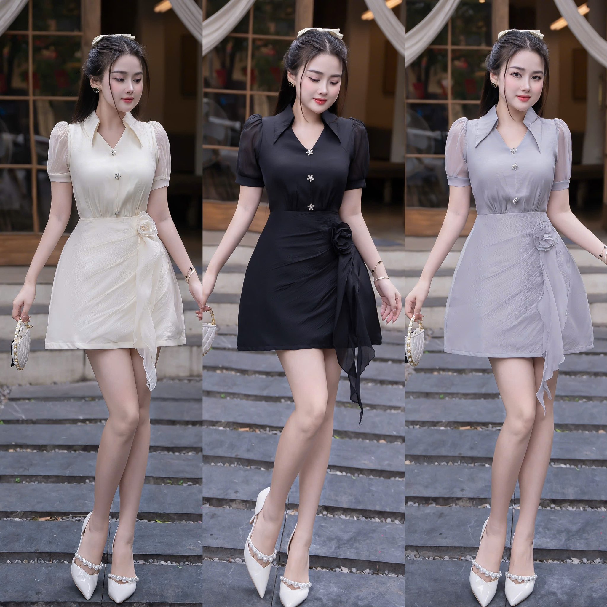 Đầm voan cổ sơ mi kín đáo thanh lịch phối váy A đi tiệc cao cấp 3 màu xanh/đen/kem