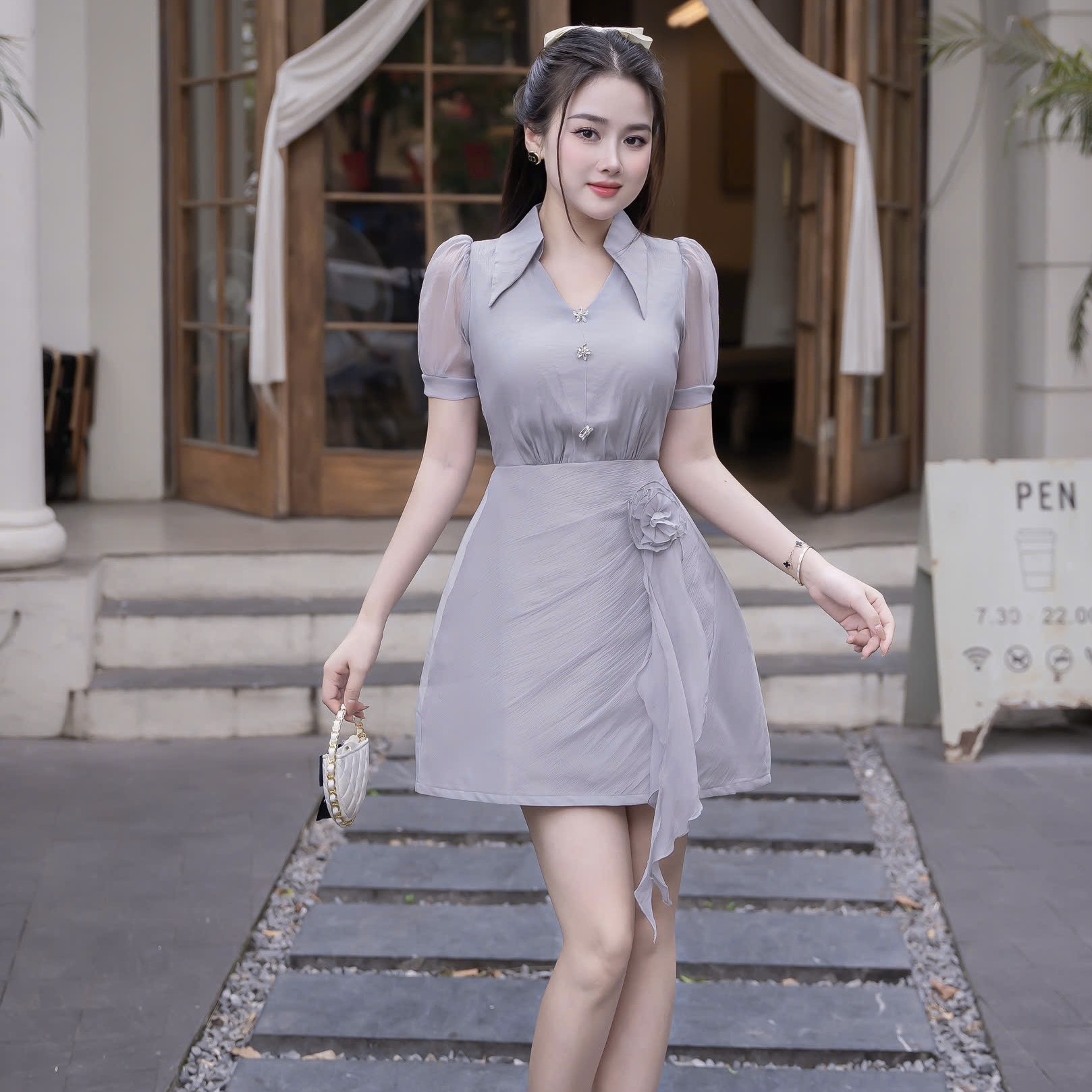 Đầm voan cổ sơ mi kín đáo thanh lịch phối váy A đi tiệc cao cấp 3 màu xanh/đen/kem