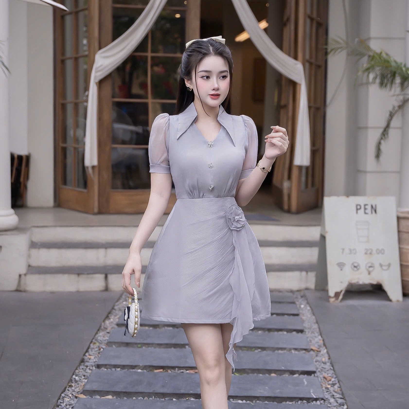 Đầm voan cổ sơ mi kín đáo thanh lịch phối váy A đi tiệc cao cấp 3 màu xanh/đen/kem