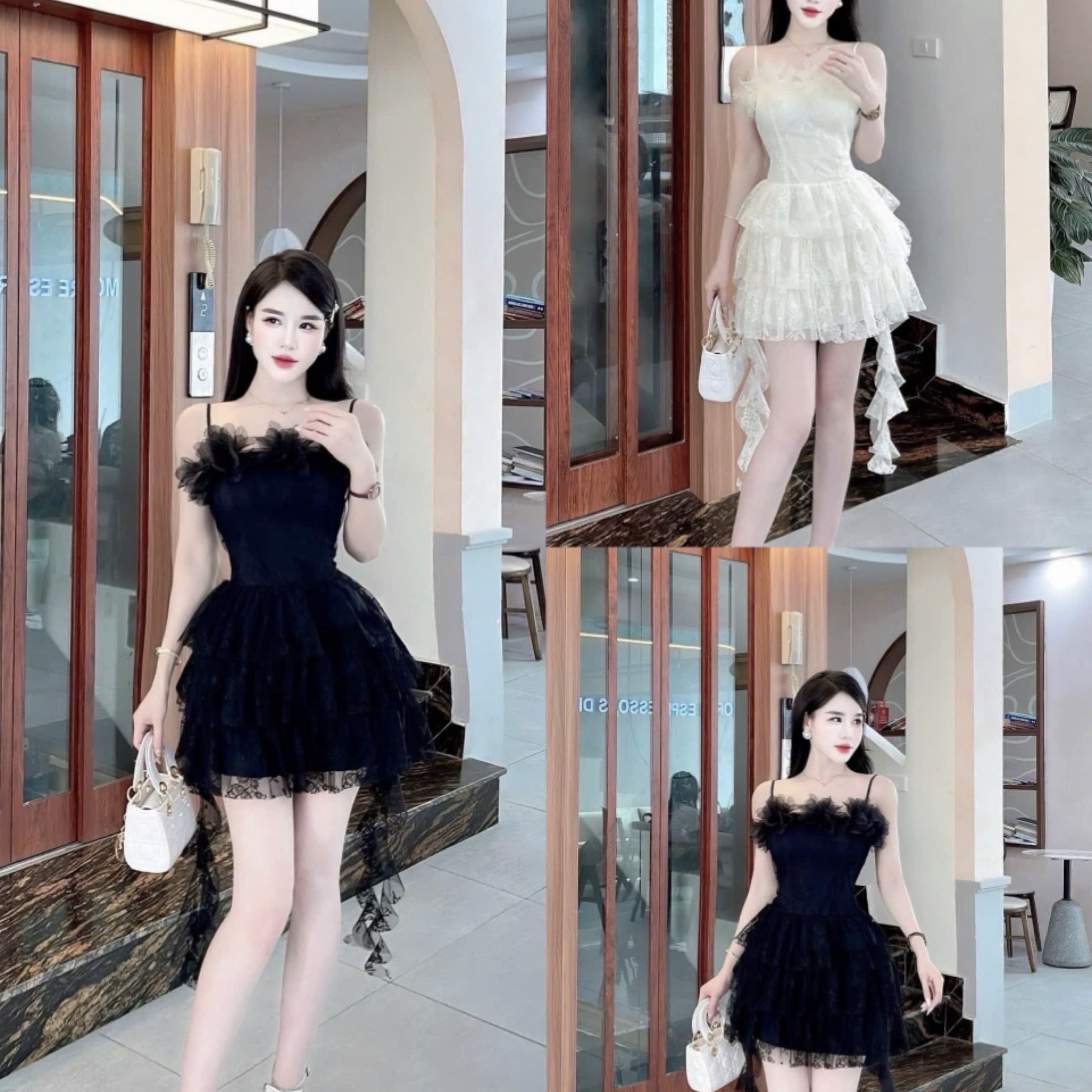 Đầm đi tiệc hai dây phối hoa ở ngực nhiều tầng dáng ngắn mix ren cao cấp