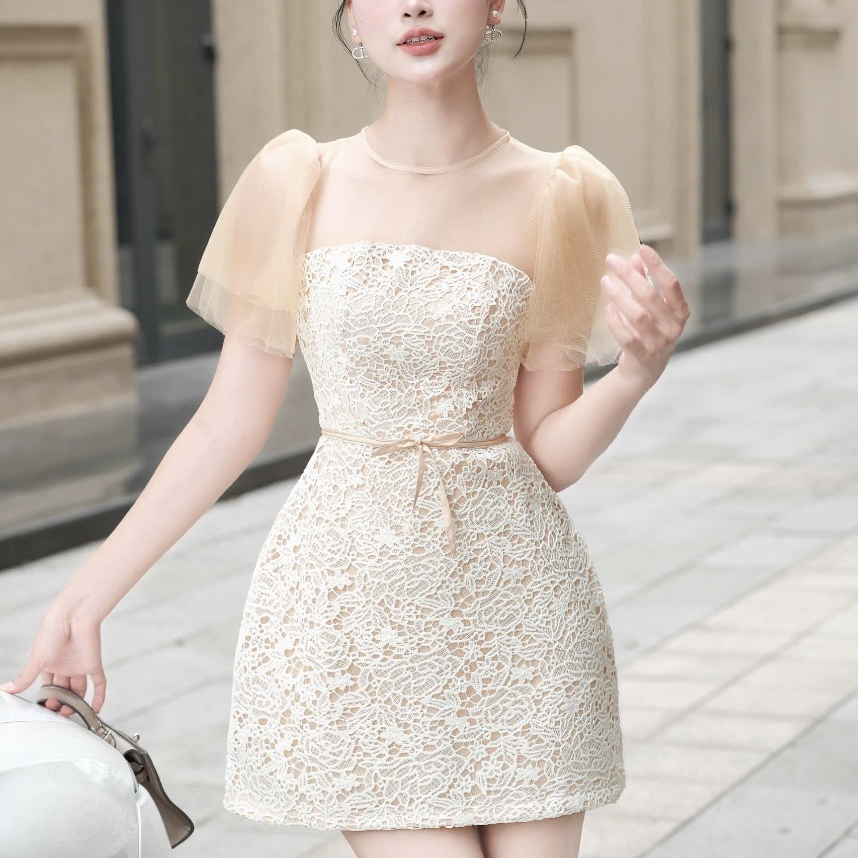 Đầm đi tiệc tay voan phối ren dáng chữ A ngắn cao cấp sang chảnh đi tiệc thắt eo cao câp