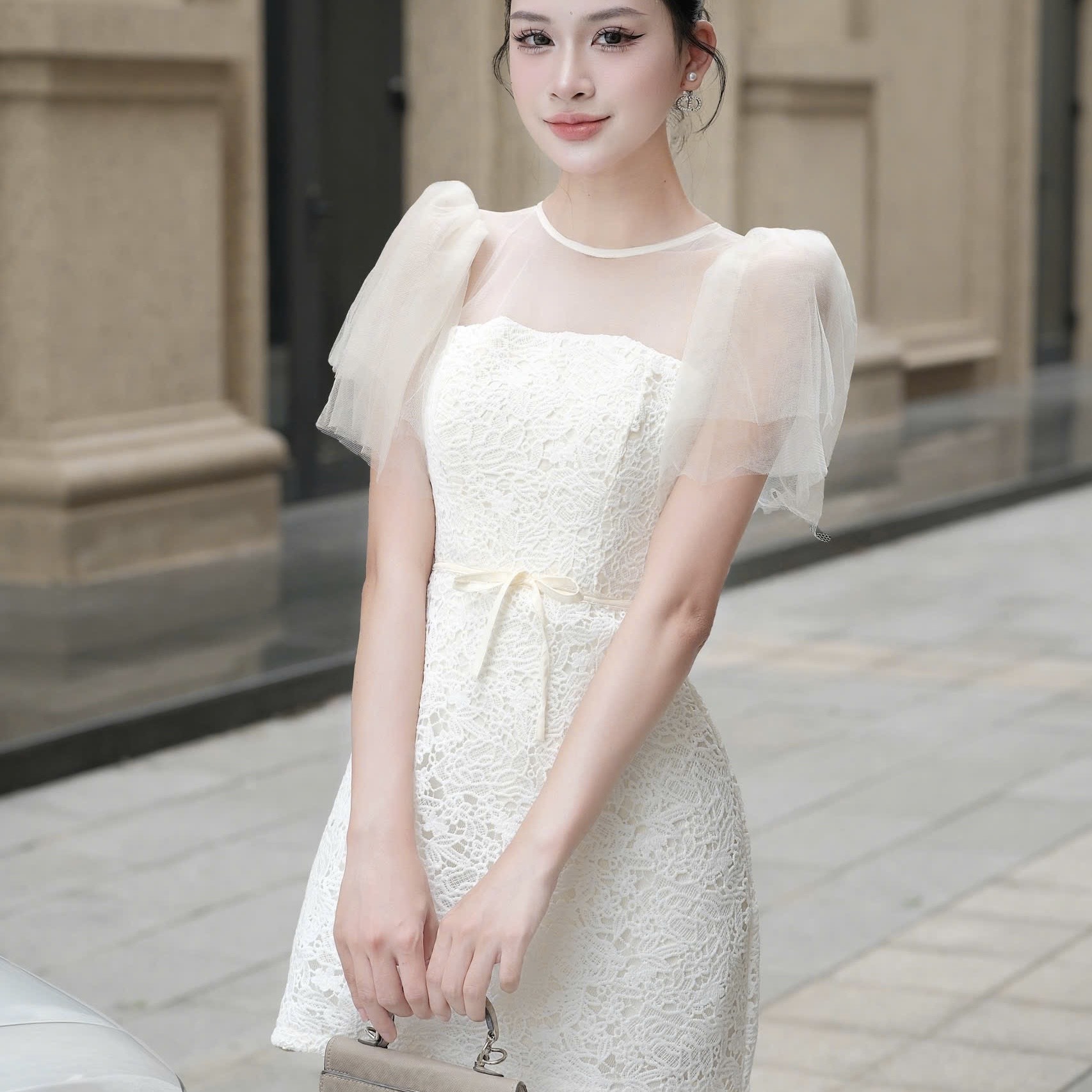 Đầm đi tiệc tay voan phối ren dáng chữ A ngắn cao cấp sang chảnh đi tiệc thắt eo cao câp