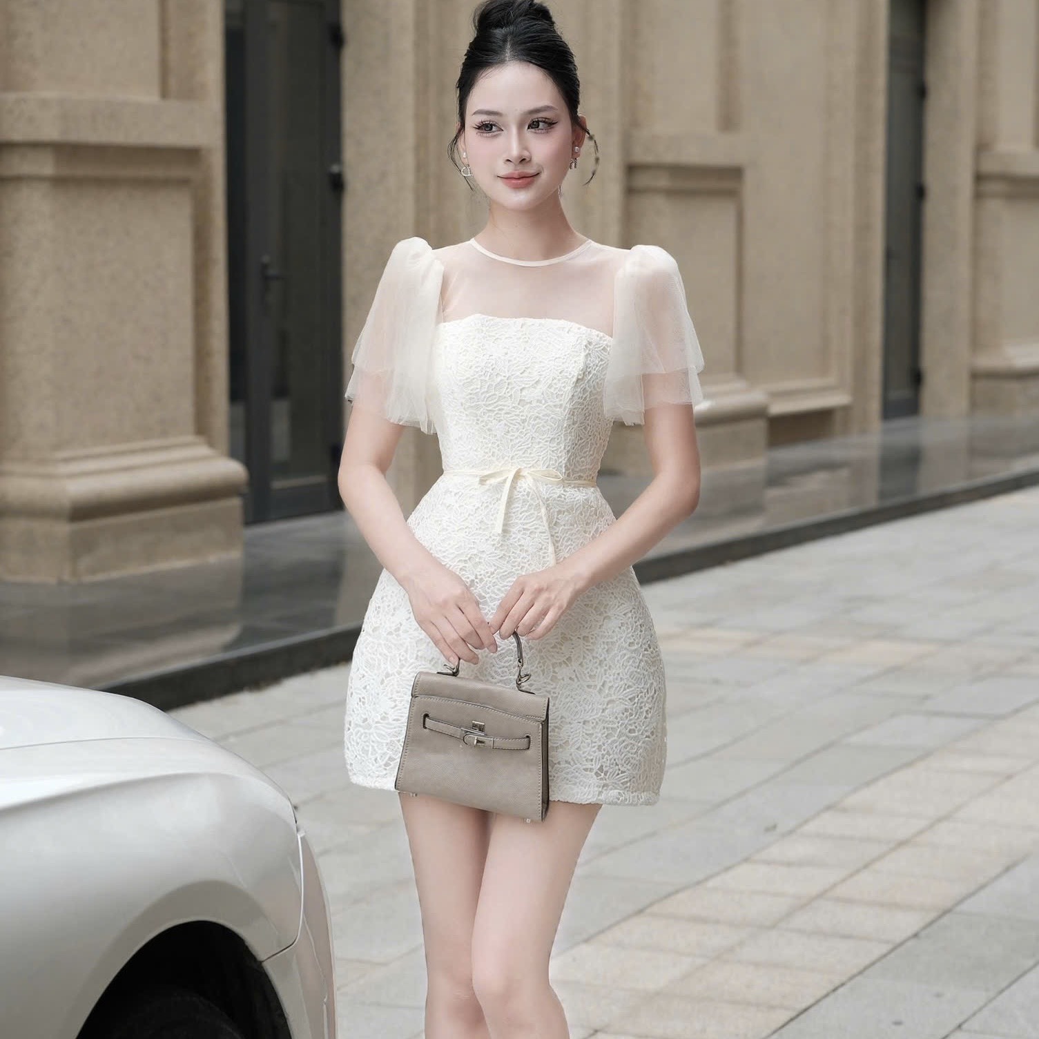 Đầm đi tiệc tay voan phối ren dáng chữ A ngắn cao cấp sang chảnh đi tiệc thắt eo cao câp