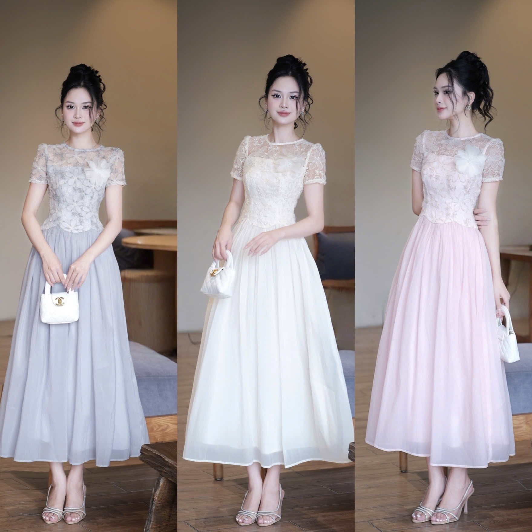 Đầm đi tiệc cao cấp hot trend phối ren thêu hoa dáng xòe cao cấp dáng dài 3 màu kem hồng ghi