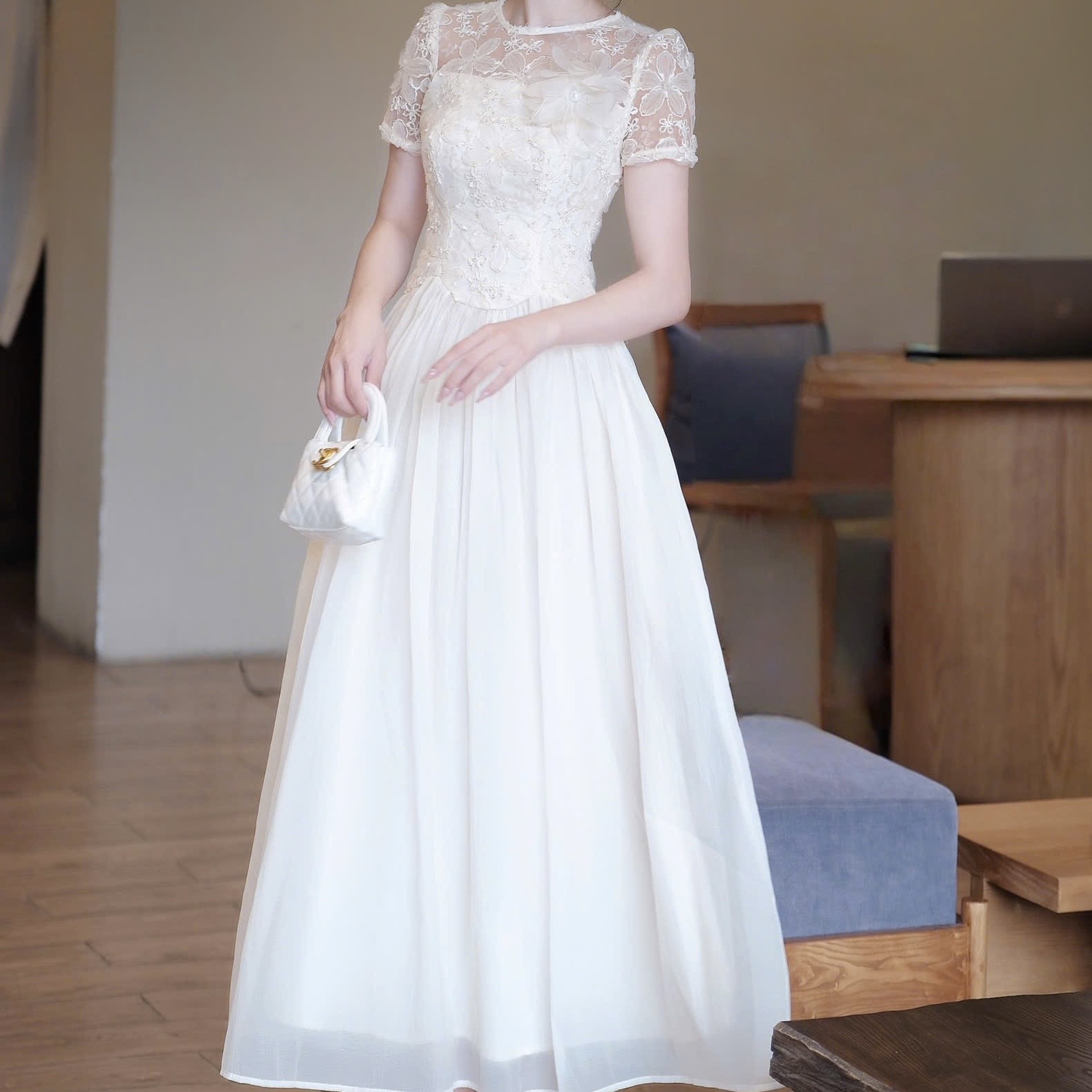 Đầm đi tiệc cao cấp hot trend phối ren thêu hoa dáng xòe cao cấp dáng dài 3 màu kem hồng ghi