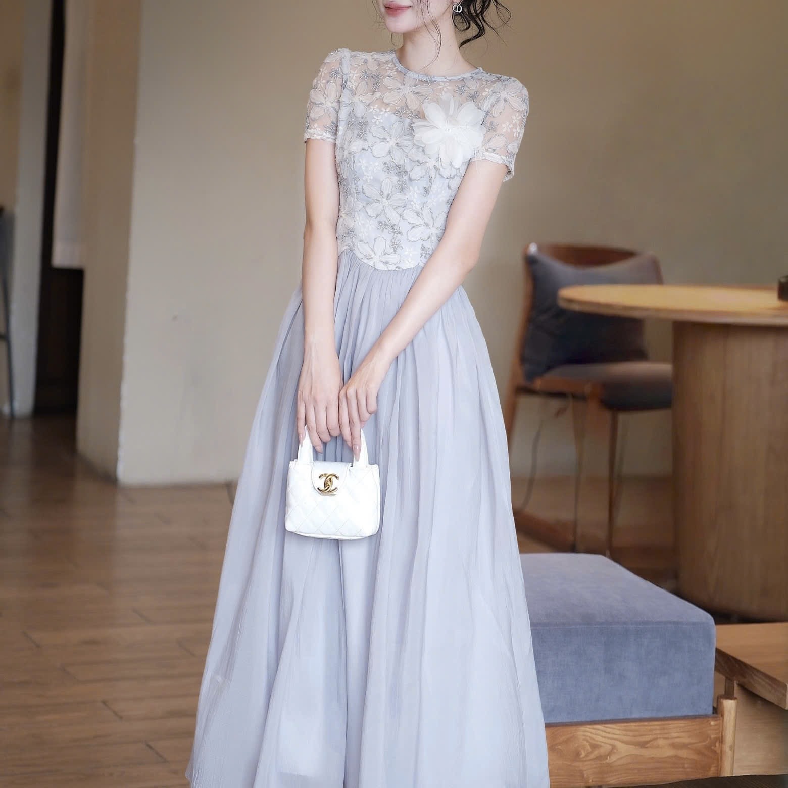 Đầm đi tiệc cao cấp hot trend phối ren thêu hoa dáng xòe cao cấp dáng dài 3 màu kem hồng ghi