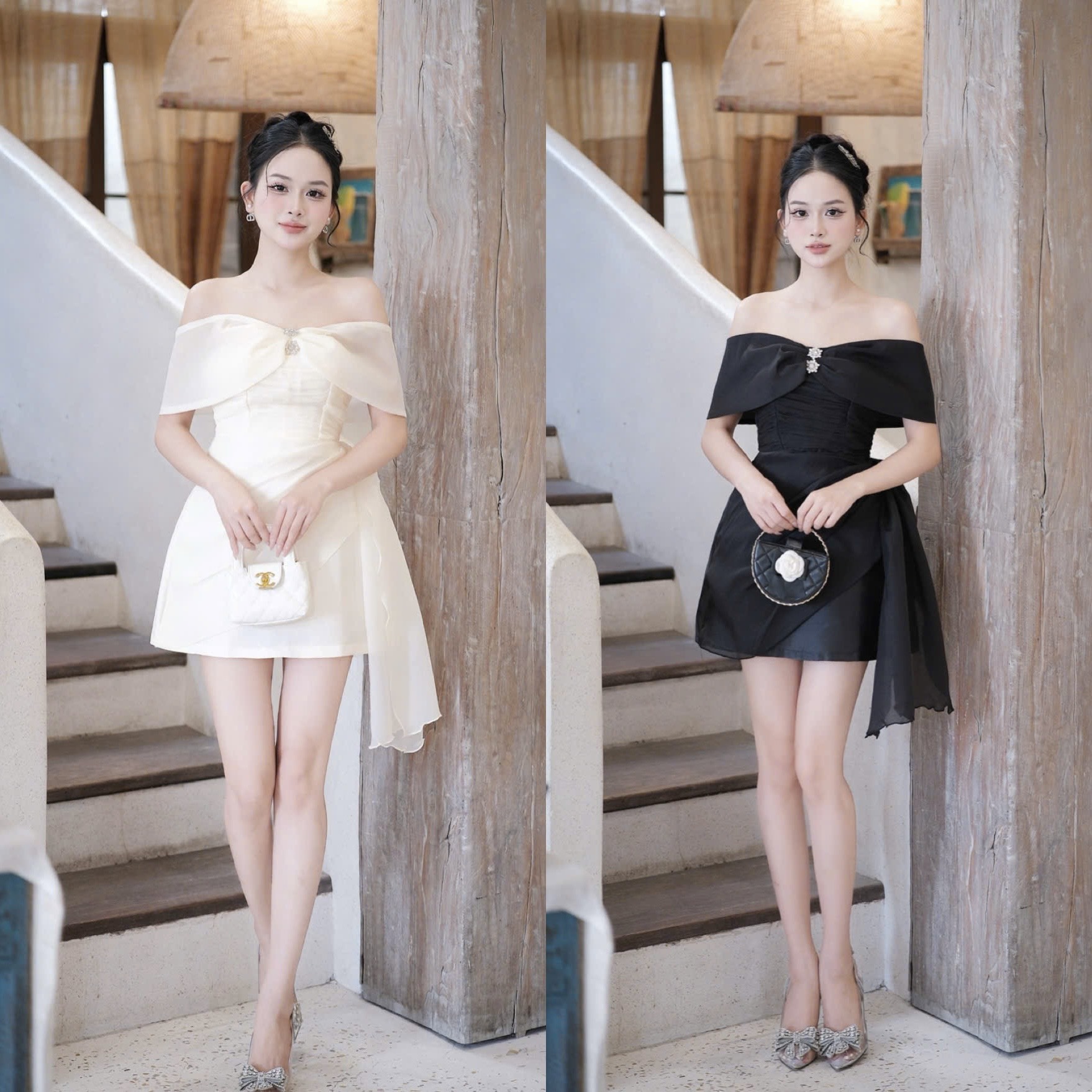 Đầm trễ vai nơ ôm ngực đi tiệc dáng ngắn cao cấp phối voan xoăn sang chảnh 3 màu kem/đen